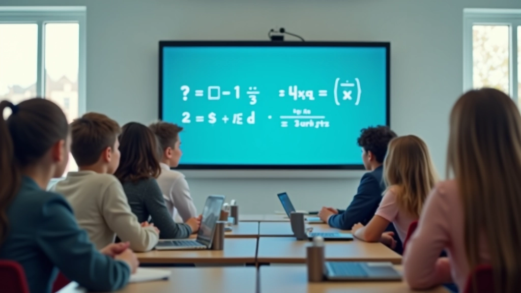 Vidējās klases matemātikas stunda ar skolēniem, kuri aktīvi risina uzdevumus uz interaktīvās tāfeles, pievienojot skaitļus pēc skolotāja norādījuma.