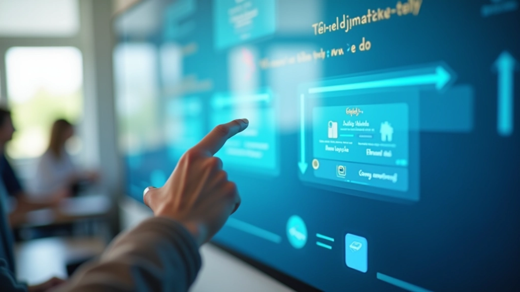 Detalizēts skaits no digitālās tāfeles displeja ar dažādu interaktīvo rīku ikonām un funkcijām, ko skolotājs izmanto savu stundu veidošanai.