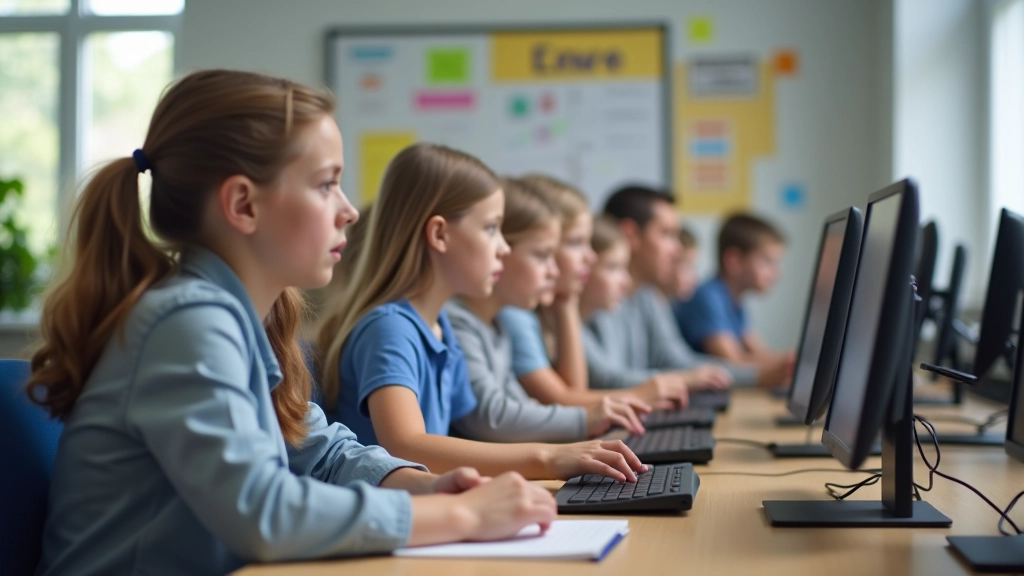 Diezgan skolēni sēž pie datoriem ar dažādas izteiksmes — daži fokusēti, daži bīstami — parādot dažādo attieksmi pret tehniku