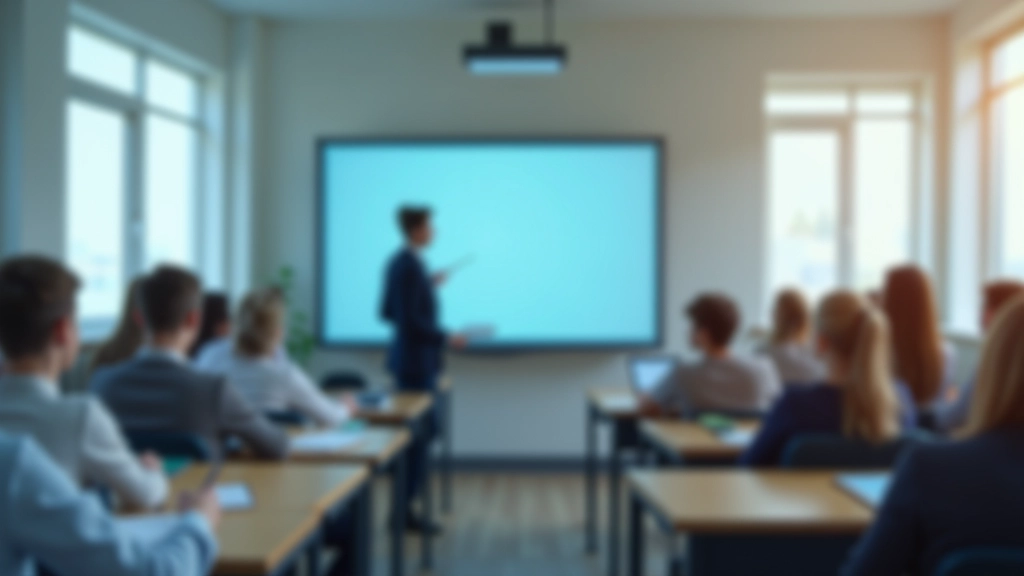 Skolotāja ar brīvu roku rādās uz digitālās tāfeles, kamēr skolēni uzmanīgi seko līdzi mācību saturam.