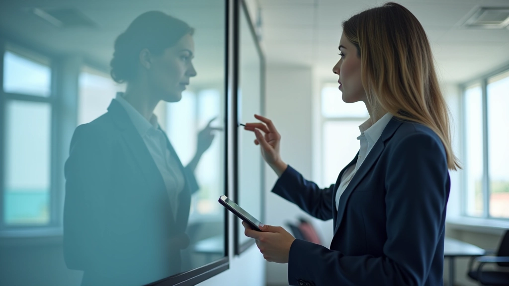 Skolotāja konsultējās ar IT atbalsta speciālistu, kas palīdz diagnosticēt problēmu ar digitālās tāfeles savienojumu klasē.