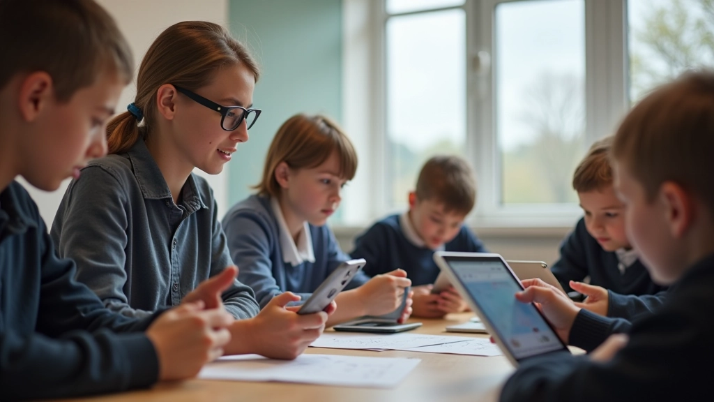 Grupa skolēnu strādā ar planšetdatoriem, risinot interaktīvus matemātikas uzdevumus