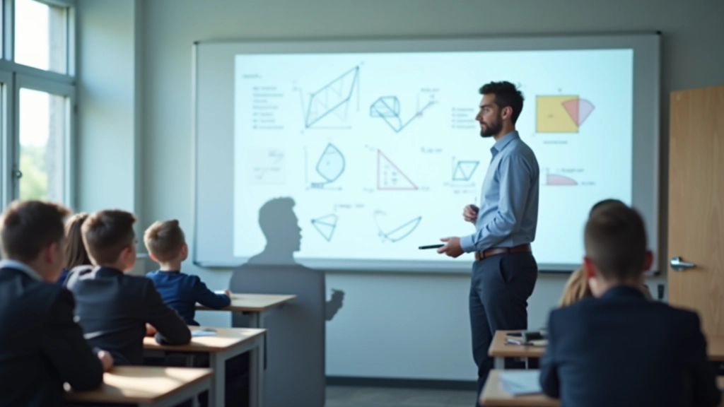 Interaktīvā digitālā tāfele klasē, skolotājs demonstrē ģeometrijas koncepciju ar vizuāliem piemēriem