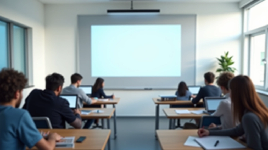 Moderns klases istabas stūris ar datoriem un interaktīvu digitālo tāfeli, kurā redzama adaptīvās mācību sistēma