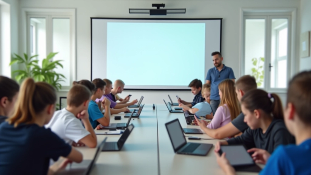 Moderna klase ar digitālām tāfelēm un planšetdatoriem, skolēni aktīvi piedalās mācību procesā