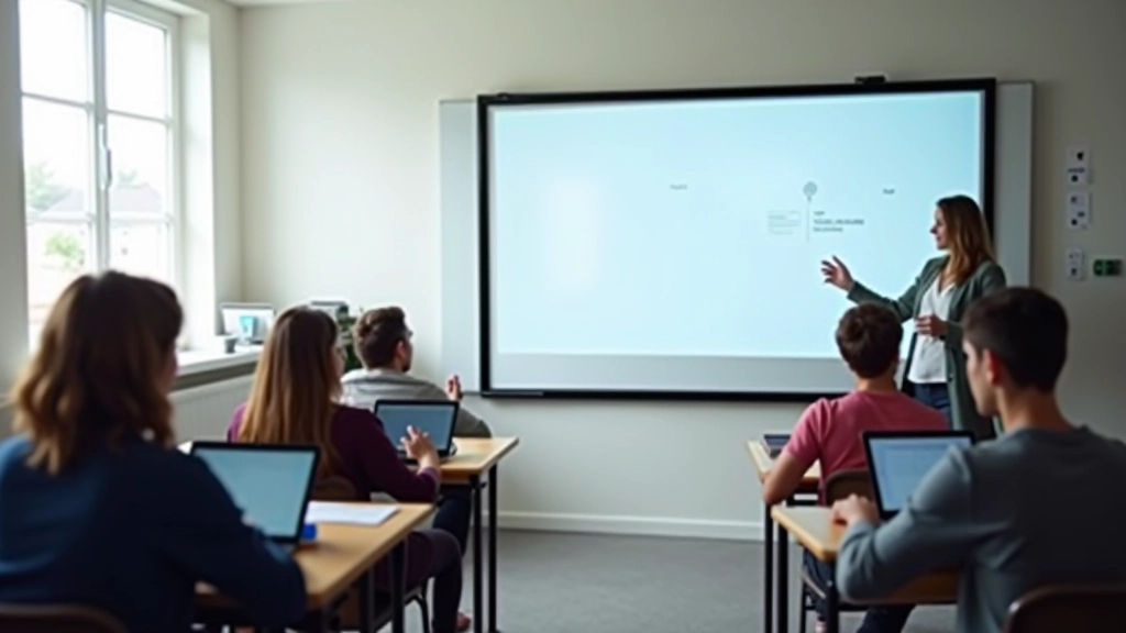 Modernā klasė ar digitālo tāfeli, skolēni strādā ar planšetdatoriem