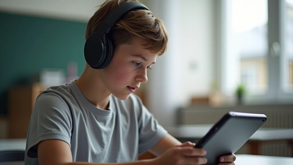 Skolēns klausās lekciju caur austiņām, izmantojot mācību programmu uz planšetdatora