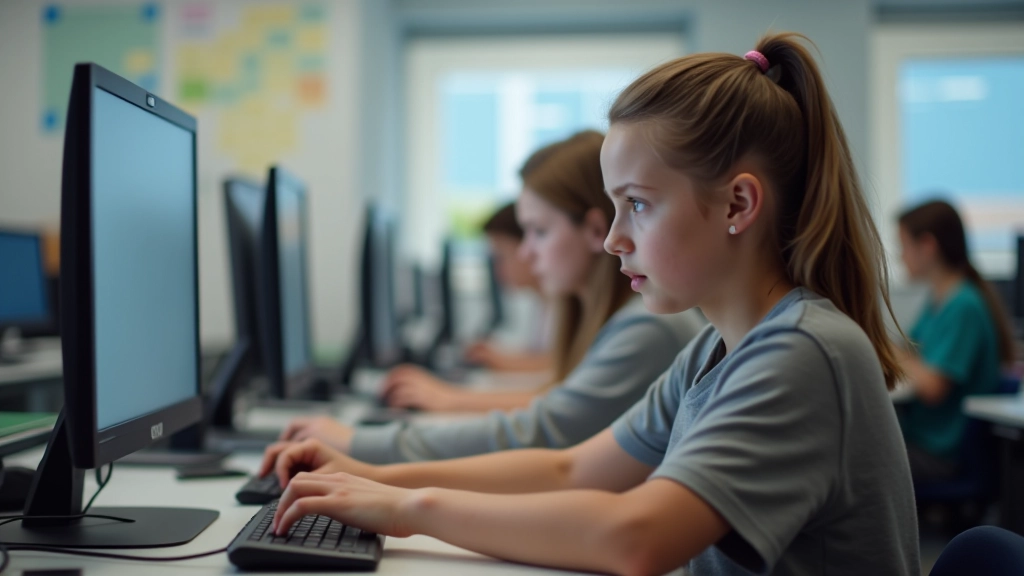 Skolēni darbā pie datoriem ar adaptīvo mācību platformu, kas parāda personalizētus uzdevumus uz viņu ekrāniem