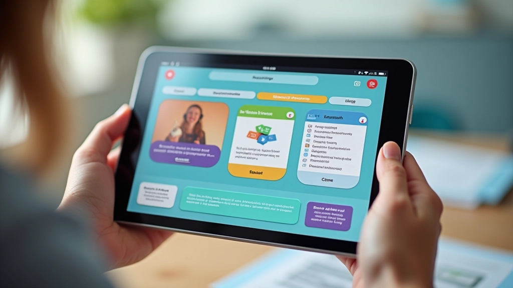 Planšetdators ar izglītības aplikāciju, kurā redzamas dažādas satura formāti — video, teksts un interaktīvi uzdevumi