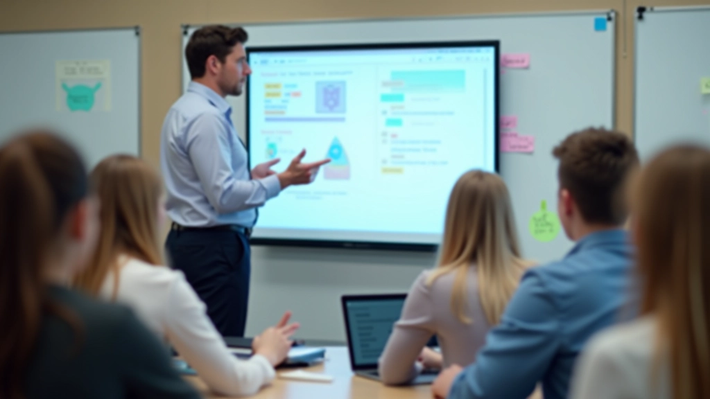 Skolotāja demonstrē digitālās tāfeles iespējas interaktīvā mācību stundā