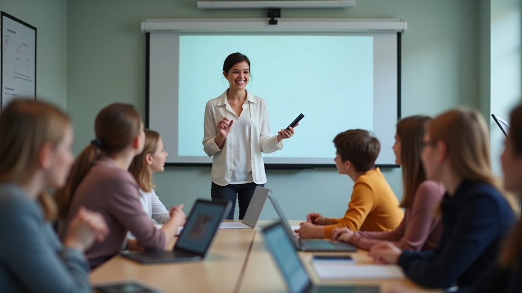 Skolotājs vada klasi ar dažādiem digitāliem rīkiem, vienlaikus smaidi un iesaista skolēnus