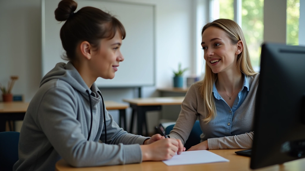 Skolotājs konsultējas ar skolēnu, izmantojot digitālos rīkus klasē