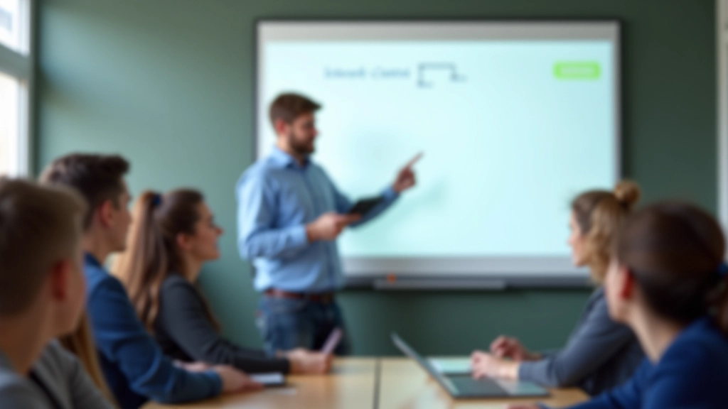 Skolotājs izmanto interaktīvo digitālo tāfeli ar planšetdatoru