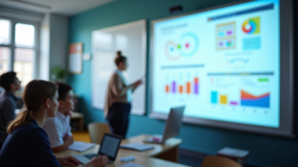 Skolotājs izmanto digitālo tāfeli, lai parādītu grafiku un vizuālu shēmu